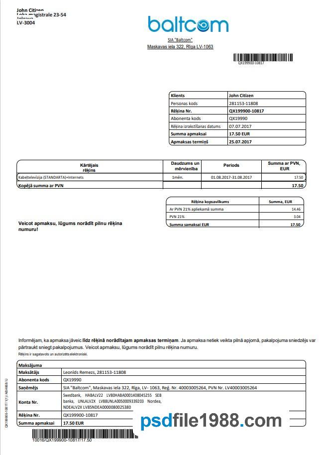 Latvia Baltcom Telecommunications Utility Bill (Latvian Version)